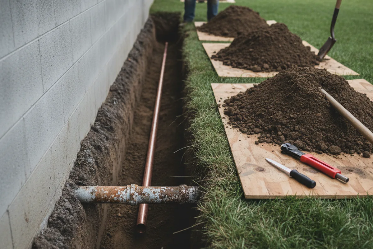 Excavated water line trench during Sewer Line Repair in Mc Fall